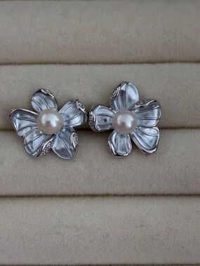 Silver Pearl Earrings | Sterling Silver Posts | Floral Christmas Gift for Her